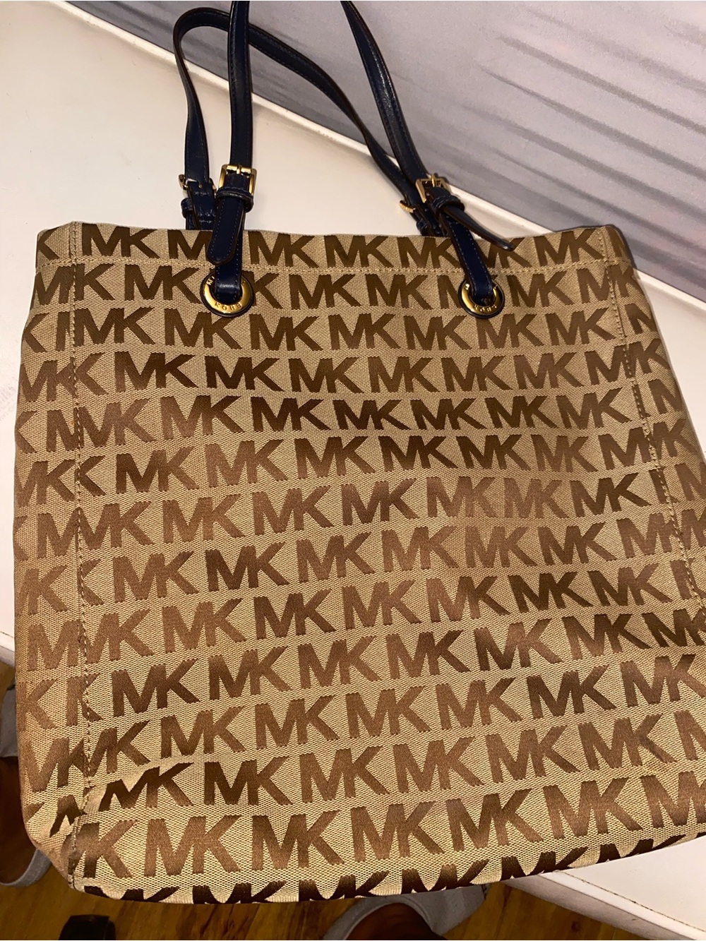 Michael Kors Tan and Navy MK Logo Tote